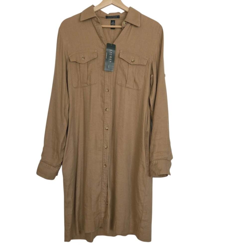NEW Lauren Ralph Lauren Linen Blend Neutral Tan Long Sleeve Shirt Dress MEDIUM